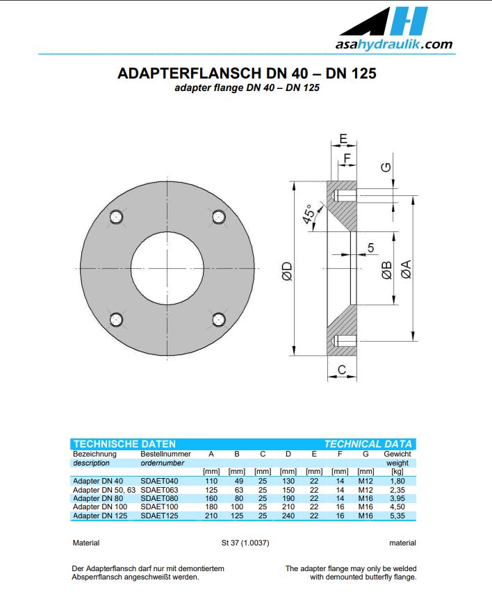 ASA SDAET63  Weldable Adapter Flange DN 50/63
