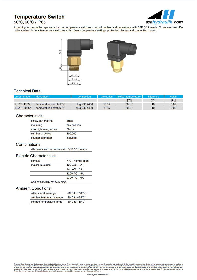 ASA  ILLZTH4765K 50 Deg Temperature Switch - Unwin Hydraulic Engineering