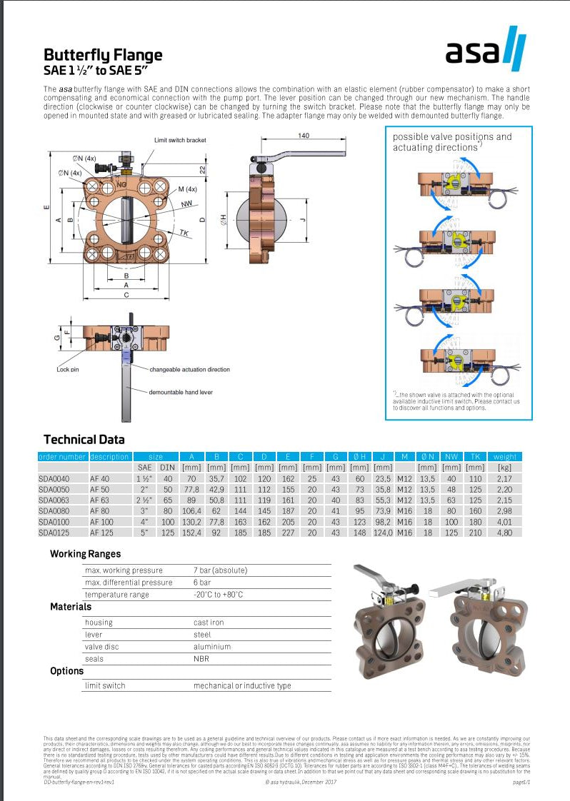 ASA SAE 4" -DIN100 -AF100  Butterfly Flange / Valve SDA0100 - Unwin Hydraulic Engineering